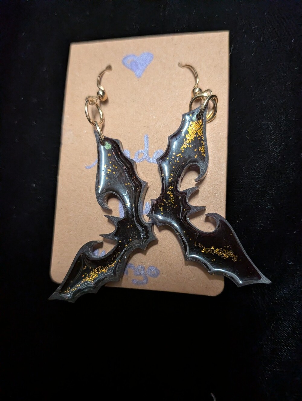 Handcast Resin Bat Earrings Black & Gold Glitter Gothic Halloween Statement - Picture 2 of 8